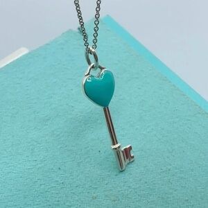 Tiffany & Co 💯% Auth Blue Enamel Key Heart Necklace w/Pouch heart🩵EUC🩵